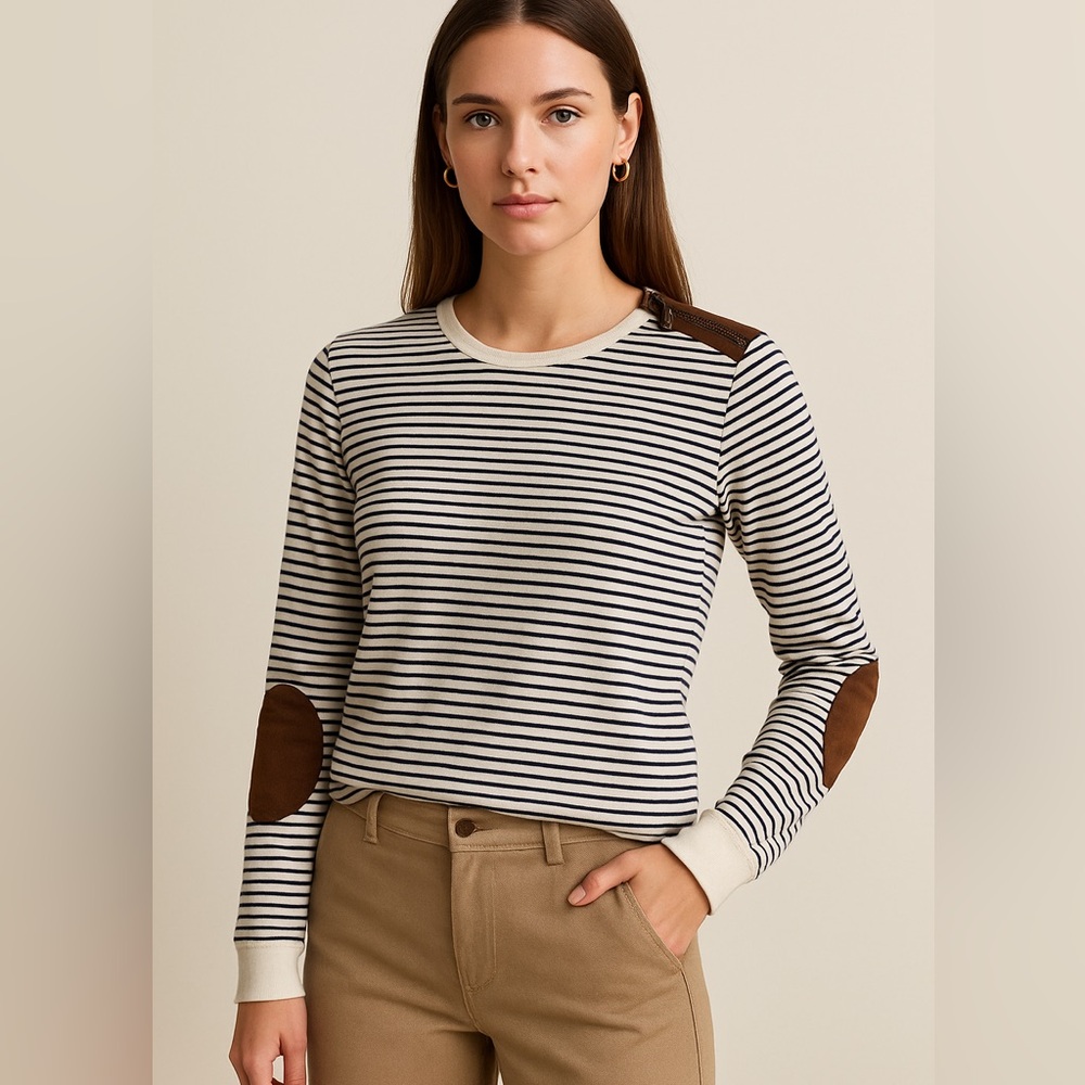 Lauren Jeans Co. Ralph Lauren Striped Long Sleeve Top | Elbow Patch Shirt Preppy